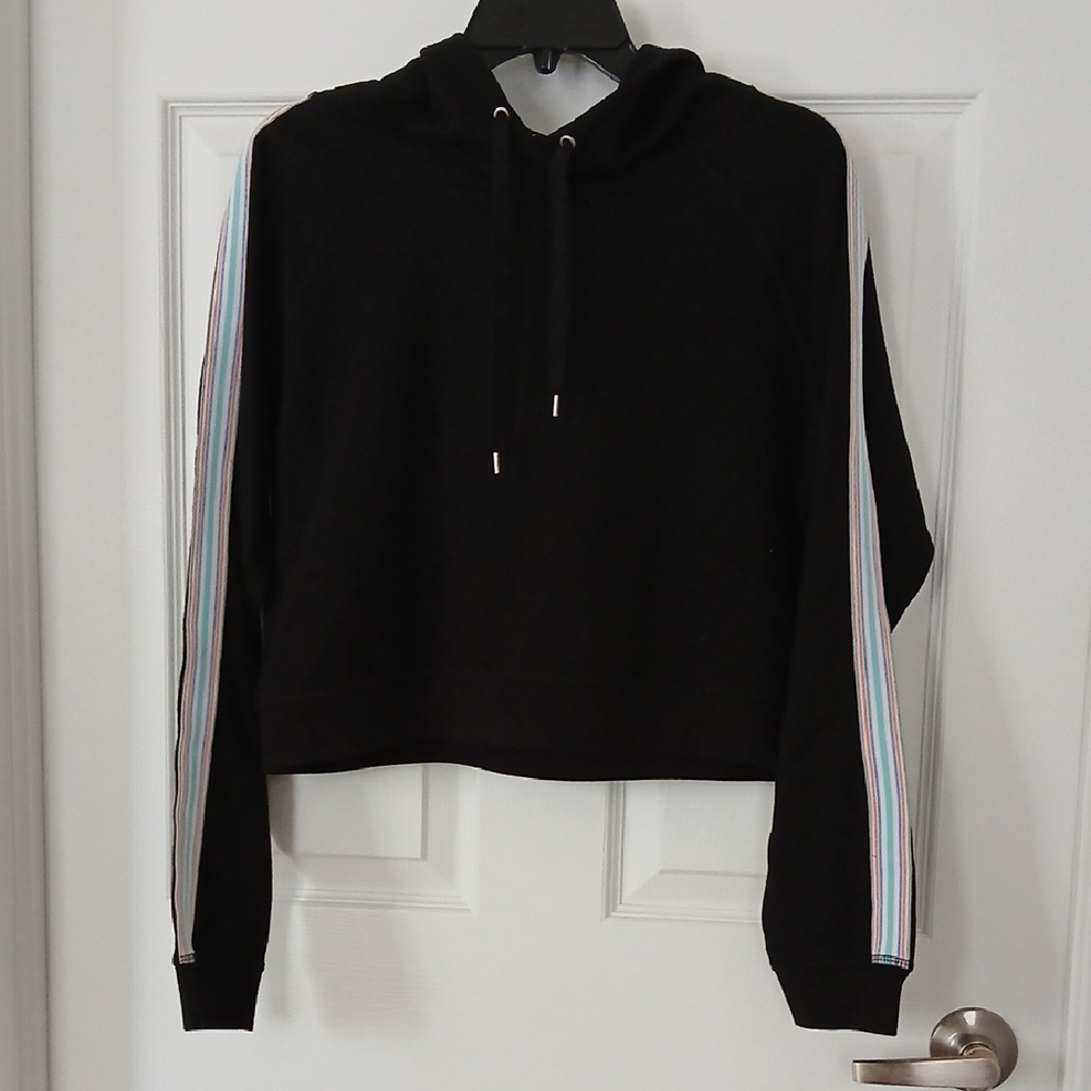 Chic Black Hoodie with Multicolor Striped Sleeves New